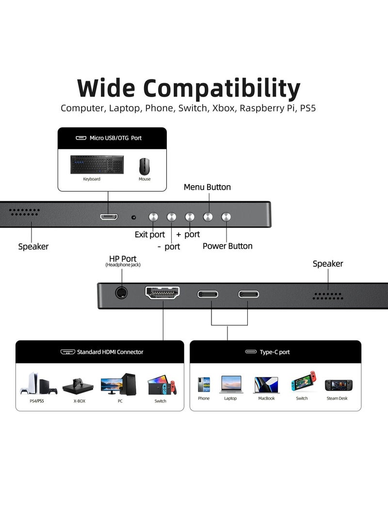 UPERFECT 15.6 Inch Black Portable Monitor  Full HD IPS Screen 1920 x 1080 with HDMI USB C for Laptop PC Mobile Phone PS4/5 Switch with Protective Case VESA Compatible - Image 5
